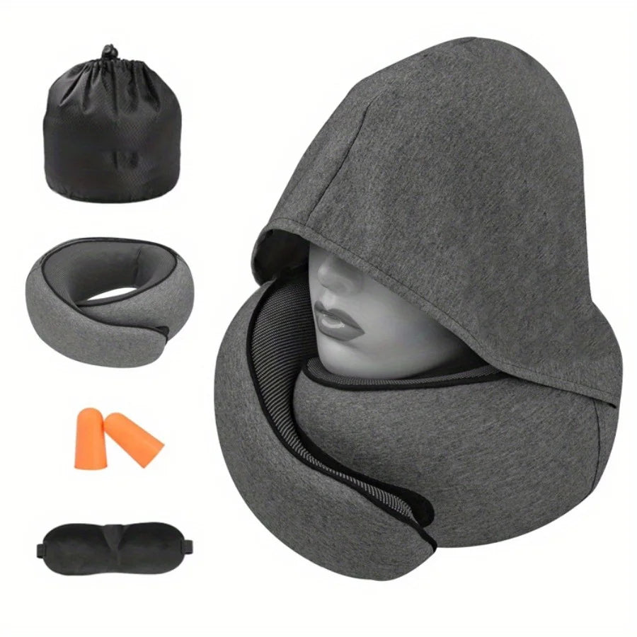 1pc Home Office U-Shape Hooded Neck Pillow for Travel Car Airplane Nap Outdoor, Comfortable Support Pillow with Detachable Cover Peaceful Pleasures Health and Wellness Gray