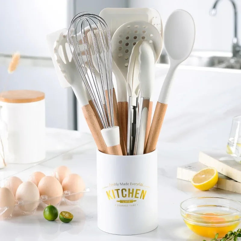 Silicone Non-Stick Cooking Utensil Set – Stainless Steel Handle Spatula, Egg Beater & Shovel Kitchen Tool Set