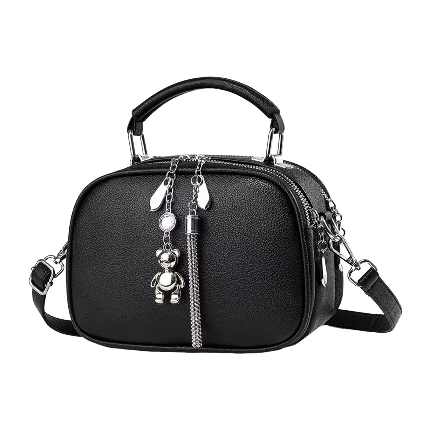 Women's Fringe Decor Small Round Bag Shoulder Crossbody Two-Way Fashion Design Synthetic Leather Peaceful Pleasures Health and Wellness L21 H15 W9 Black