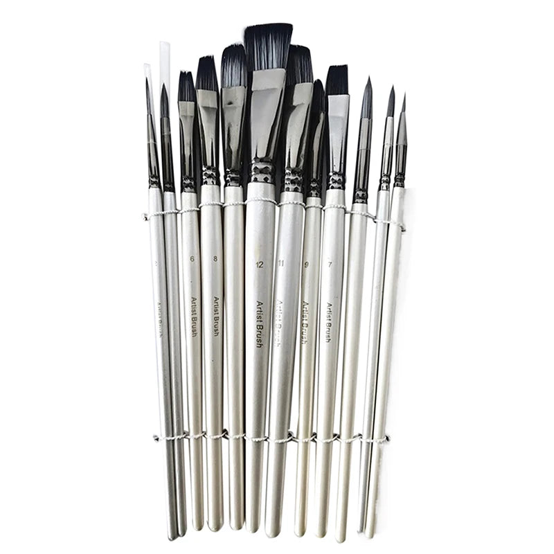 12-Piece Paint Brush Set – Nylon, Acrylic, Watercolor, Oil