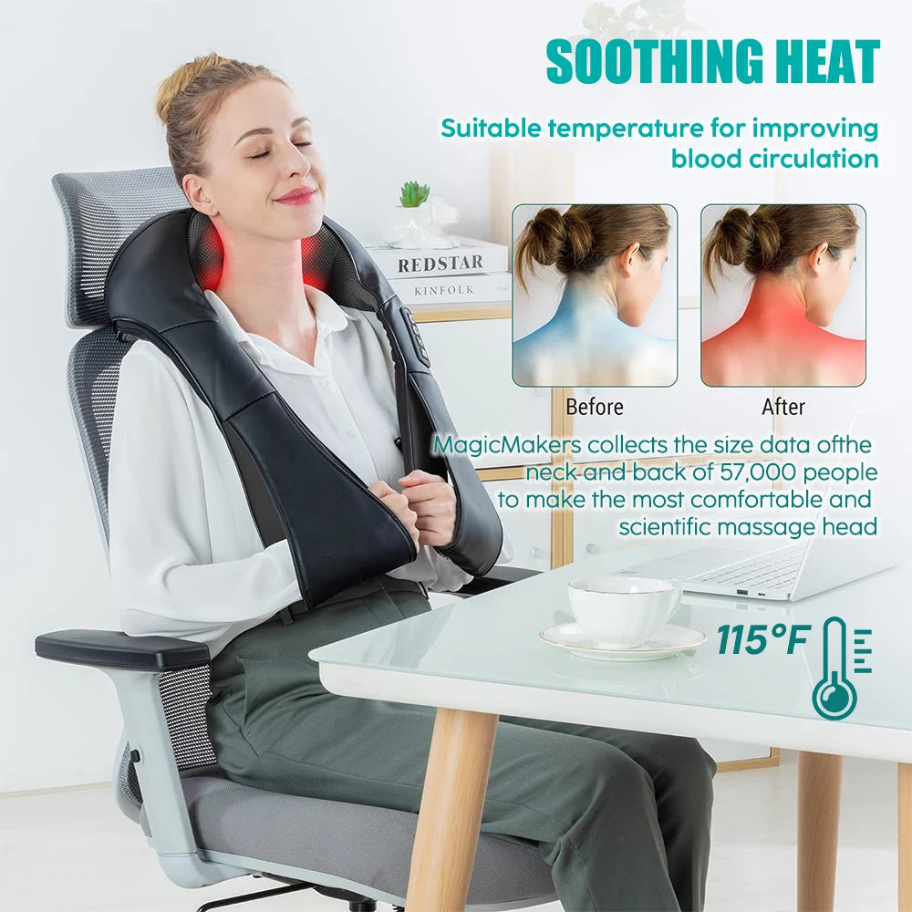 Shiatsu Neck and Shoulder Massager Heated Back Massager U Shape Deep Kneading Electric Massage Pillow For Neck Waist Leg Body Peaceful Pleasures Health and Wellness