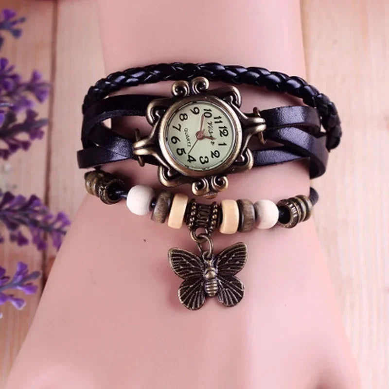 Retro Leather Hand Woven Lady Watch Antique Copper Thin Strap