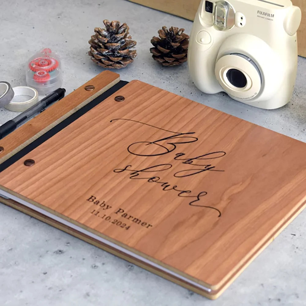Personalised Wooden Baby Shower Guest Book | Cherry Wood