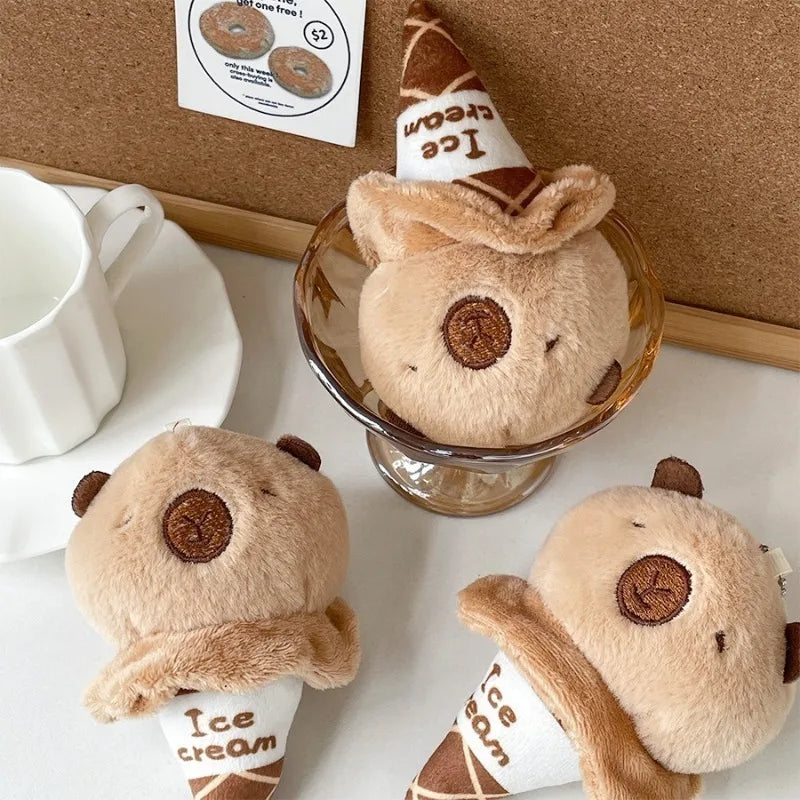 Capybara Ice Cream Plush Keychain – Soft Stuffed Bag Charm