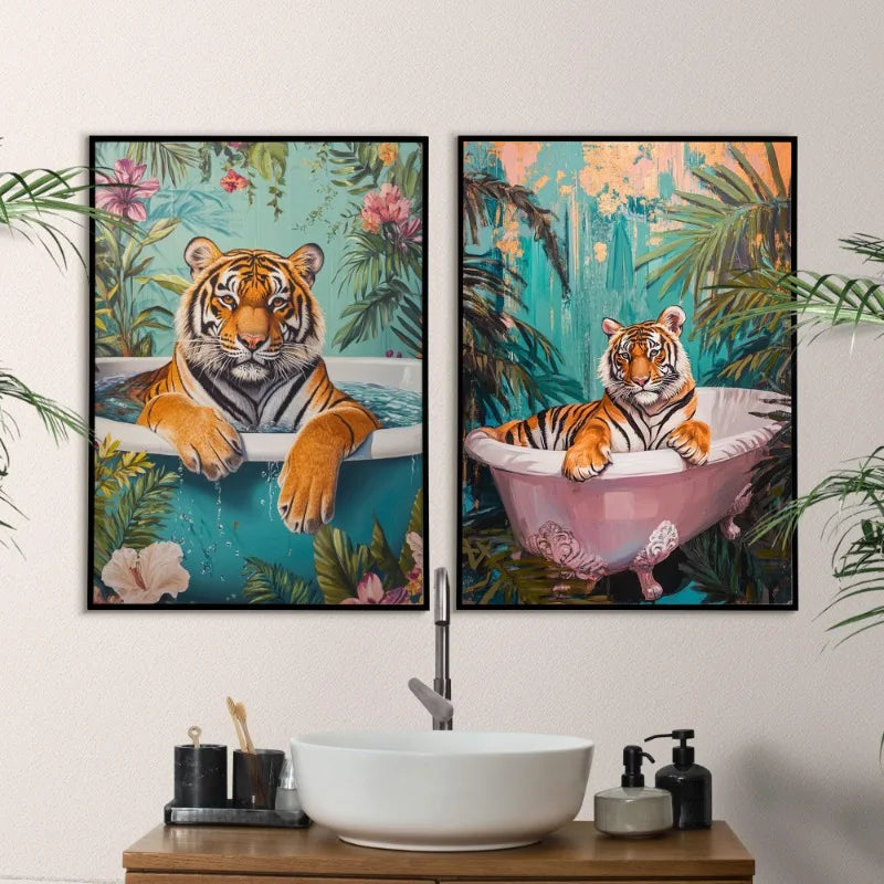 Funny Animals Swimming Pool Canvas Wall Art | Bathroom Decor