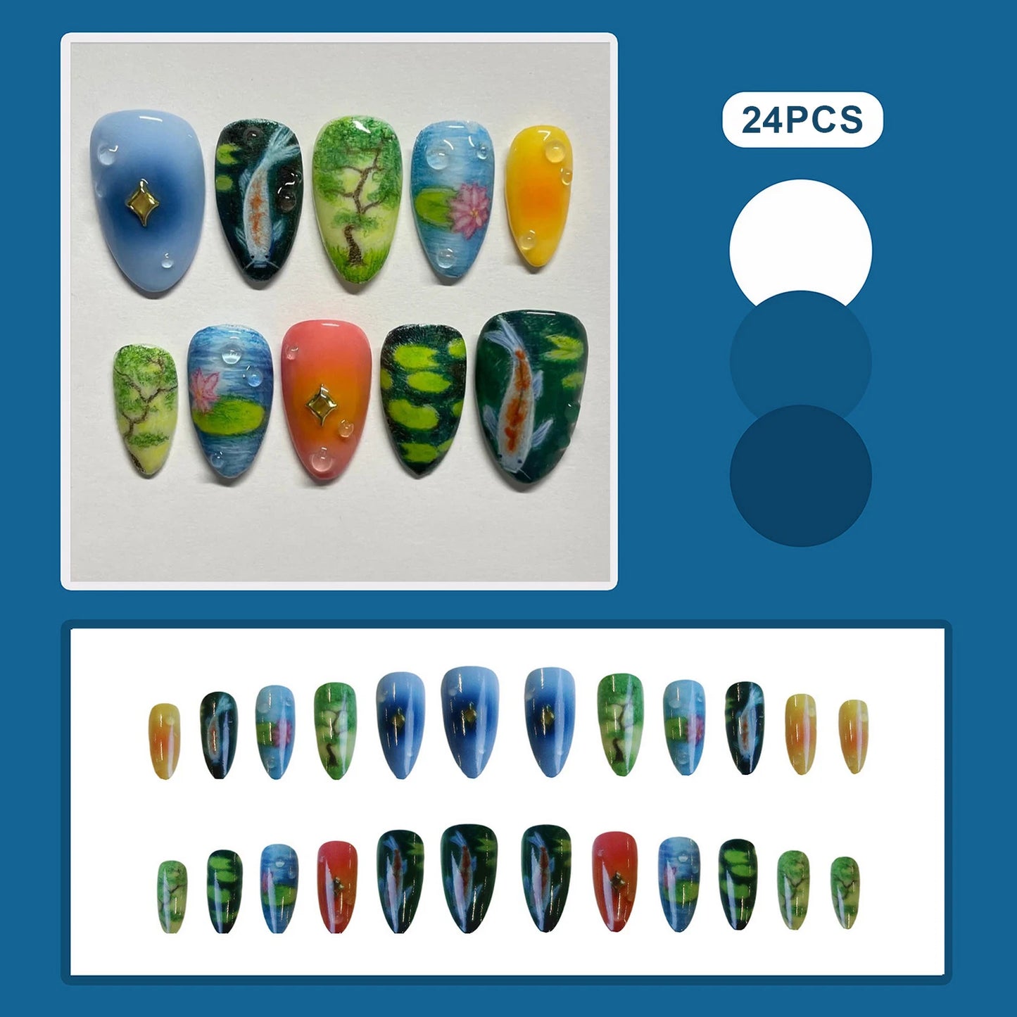 24pc Lotus Koi Press On Nails – Long Almond False Nails