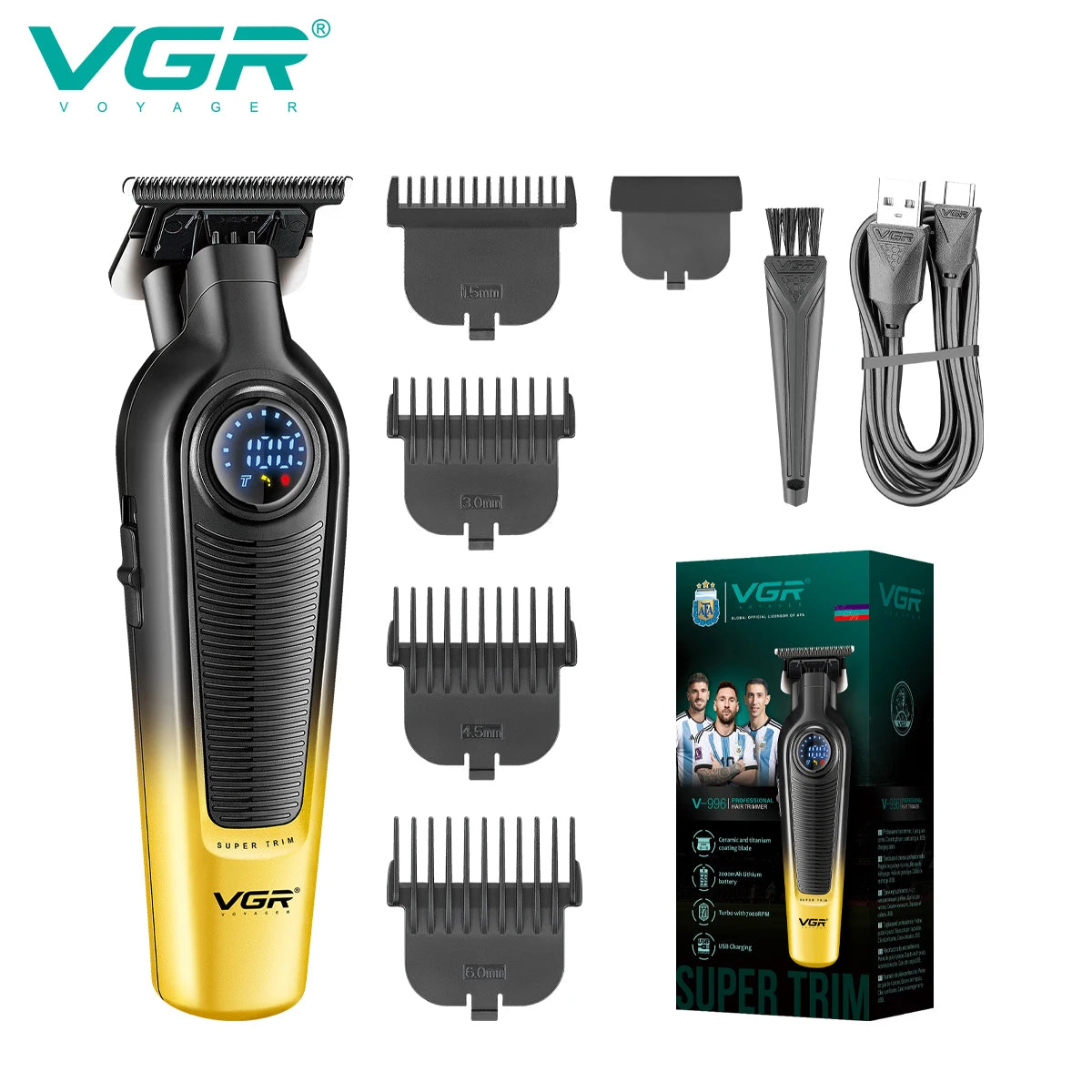 VGR NEW Men's Electric Hair Clipper Gradient Metal Body Hair Trimmer LED Intelligent Digital Display Home Carving Pusher V-996 Peaceful Pleasures Health and Wellness V-996yello