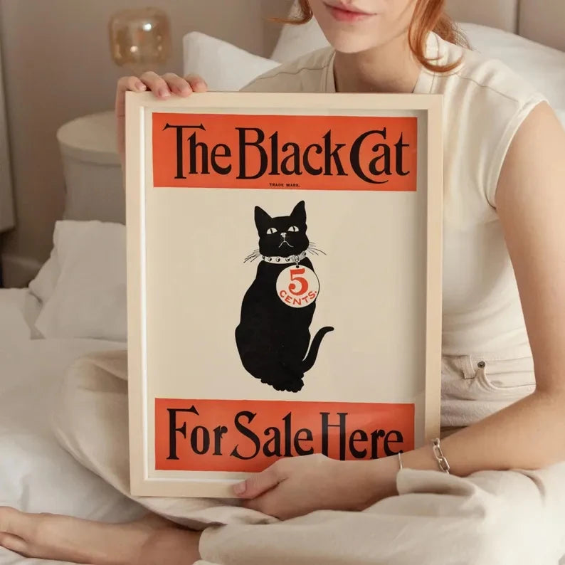 Retro Black Cat Art Nouveau Canvas Wall Art Print Poster