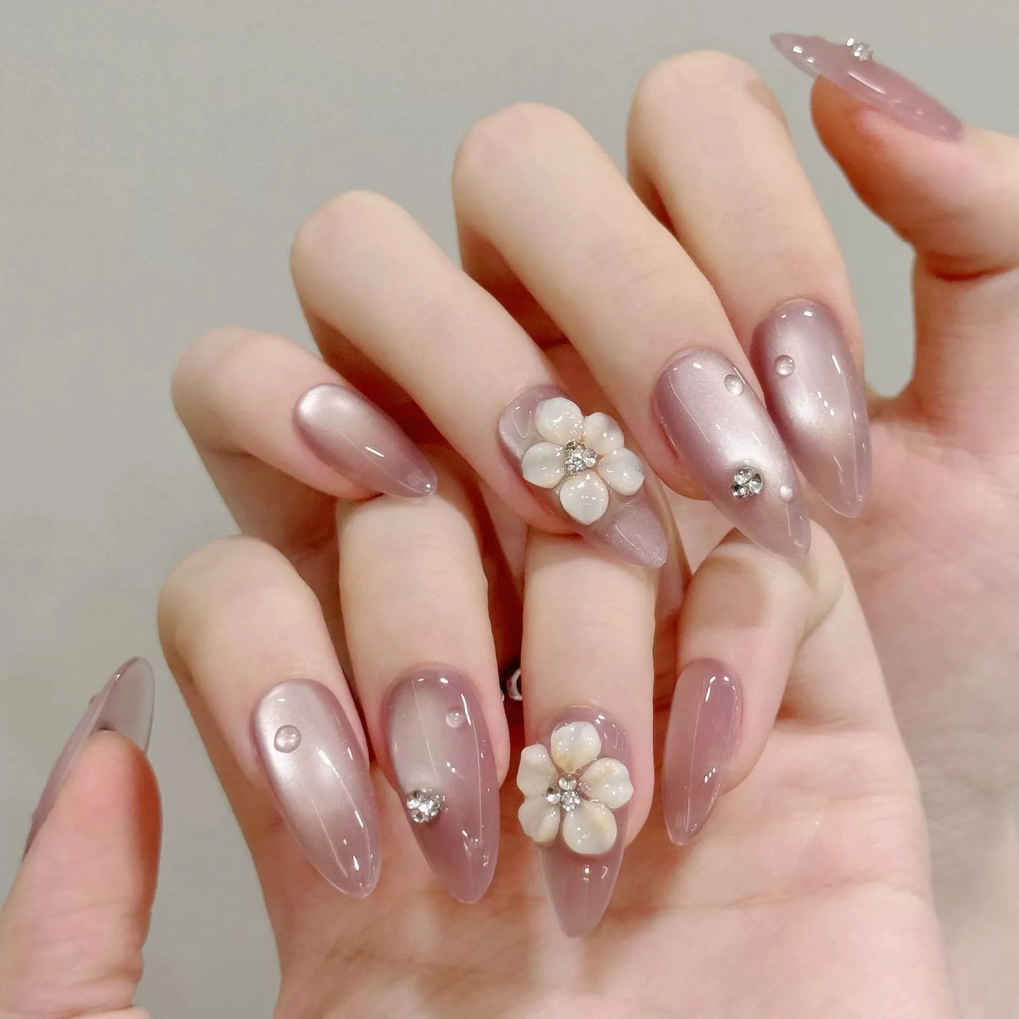 Handmade Press on Nails Embossed Ice Flower Fake Nails Full Cover Almond Tips Wearable Shiny Nude Cat's Eye False Nail Patches Peaceful Pleasures Health and Wellness