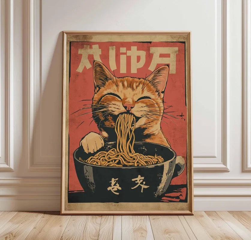 Black Cat Ramen Japanese Food Noodle Ginger Cat Poster Print Wall Art Pictures Canvas Painting Living Room Home Wall Decoration Peaceful Pleasures Health and Wellness