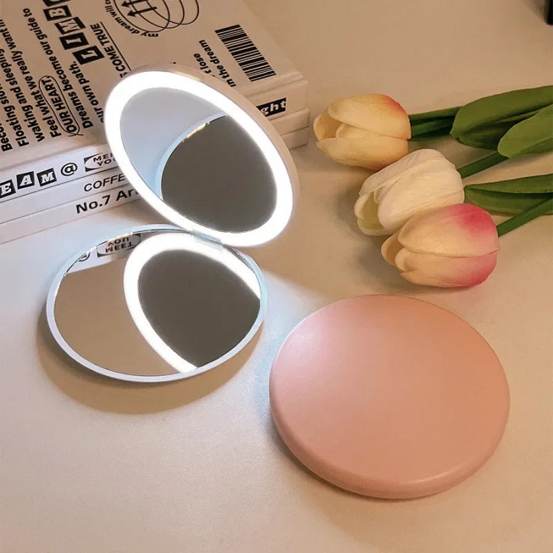 New Makeup Mirror Portable Portable Small Mirror with Light LED Touch Up Mirror Pocket Handheld Illuminated Folding Round Mirror Peaceful Pleasures Health and Wellness