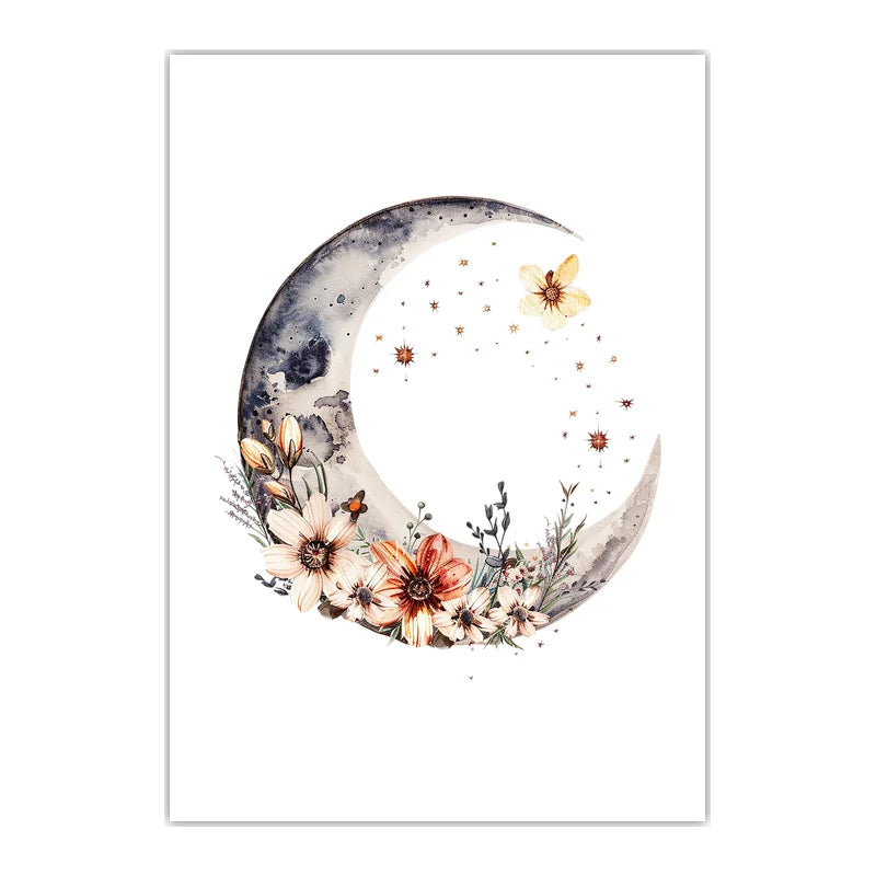 Plant Flower Wall Art, Nordic Moon Canvas Painting, Minimalist Aesthetic Poster Print for Living Room Bedroom Wall Decor Peaceful Pleasures Health and Wellness