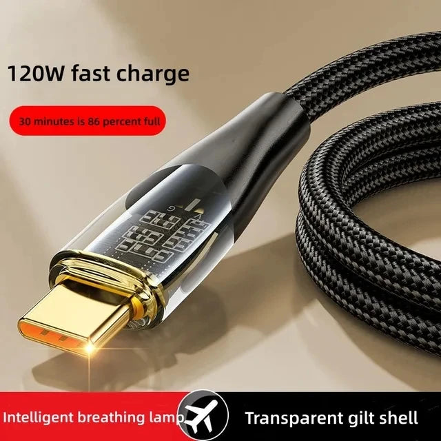 120W USB-C Fast Charging Cable – Braided & Gold-Plated Peaceful Pleasures Health and Wellness black 2m