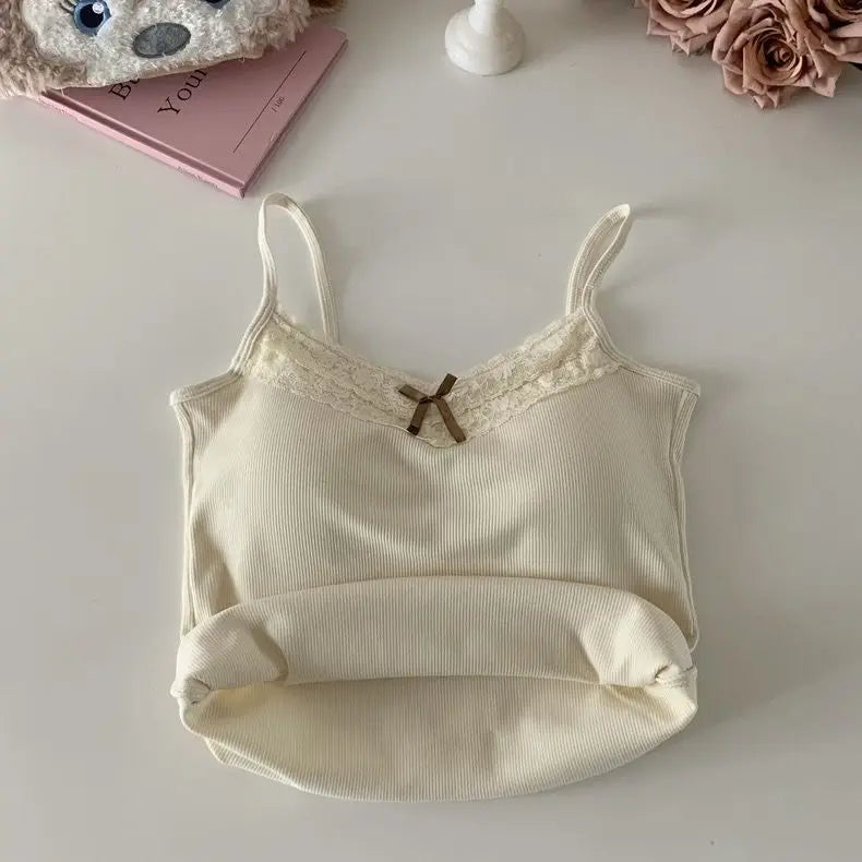 Women's Bow Lace Corset Camisole Crop Top with Chest Pad