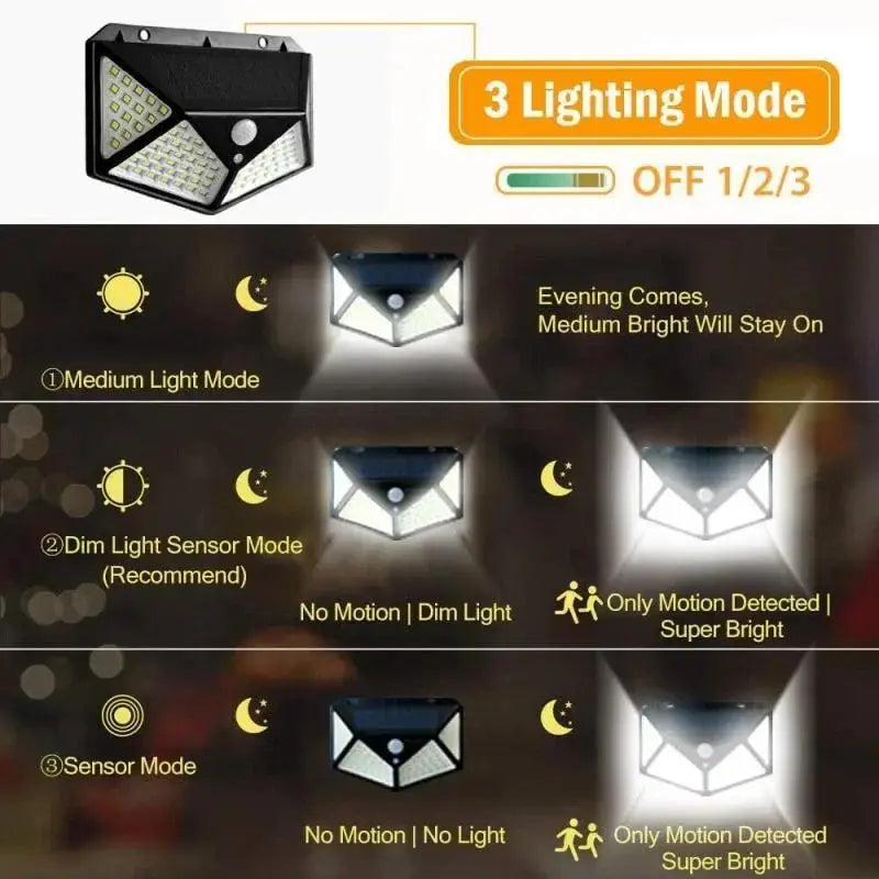 Outdoor 100 LED Wall Lamp PIR Motion Sensor Lights Waterproof Solar