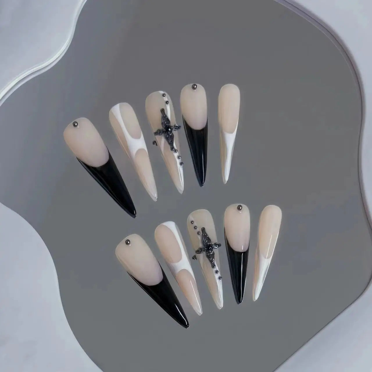 10pcs Handmade Press on Nails Gothic Punk Metal Silver Irregular Lines Fake Nail Tips Wearable Dark Blue Spice Girl False Nails Peaceful Pleasures Health and Wellness