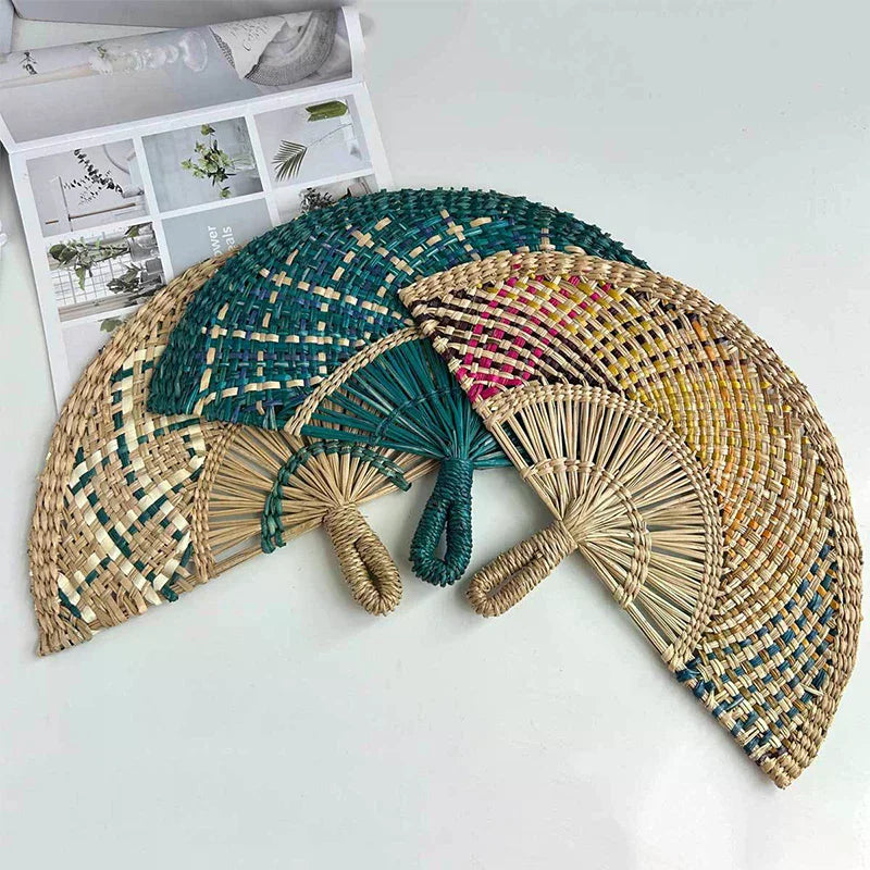 Handwoven Straw Fan – Semi-Circular Decorative Summer Fan