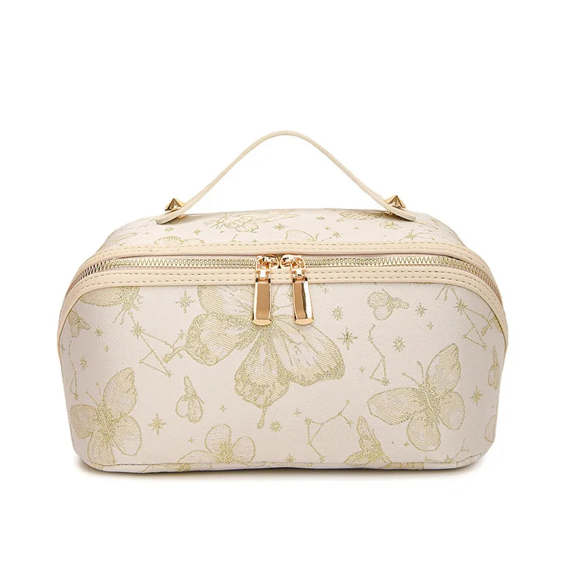 Hot Chinese Style Embroidered Makeup Bag for Women, New Ins Large Capacity Commuting Storage Bag, High-end Handheld Wash Bag Peaceful Pleasures Health and Wellness White