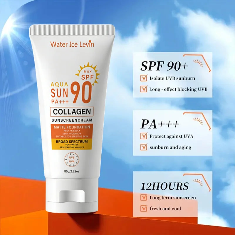 SPF 90 Collagen Sunscreen Cream – Matte, Reef-Safe, 36H Hydration