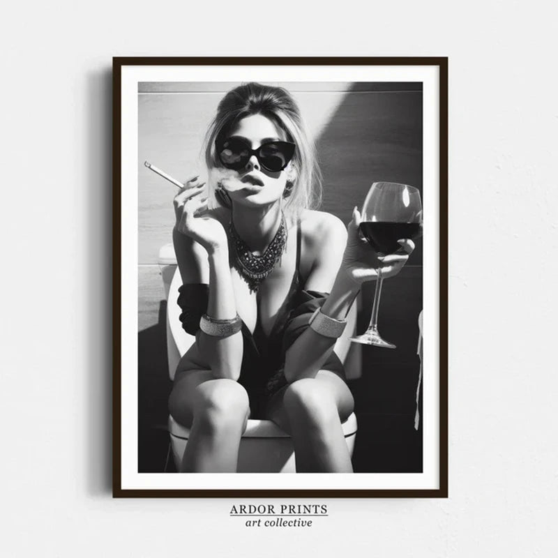 Funny Bathroom Canvas Wall Art – Retro Woman on Toilet Print