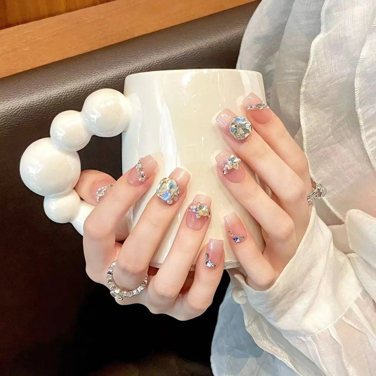 Handmade Press on Nails French Cat Eye Pink Sweet Fake Nails with Large Crystal Design Wearable Korean Style False Nail Tips Peaceful Pleasures Health and Wellness