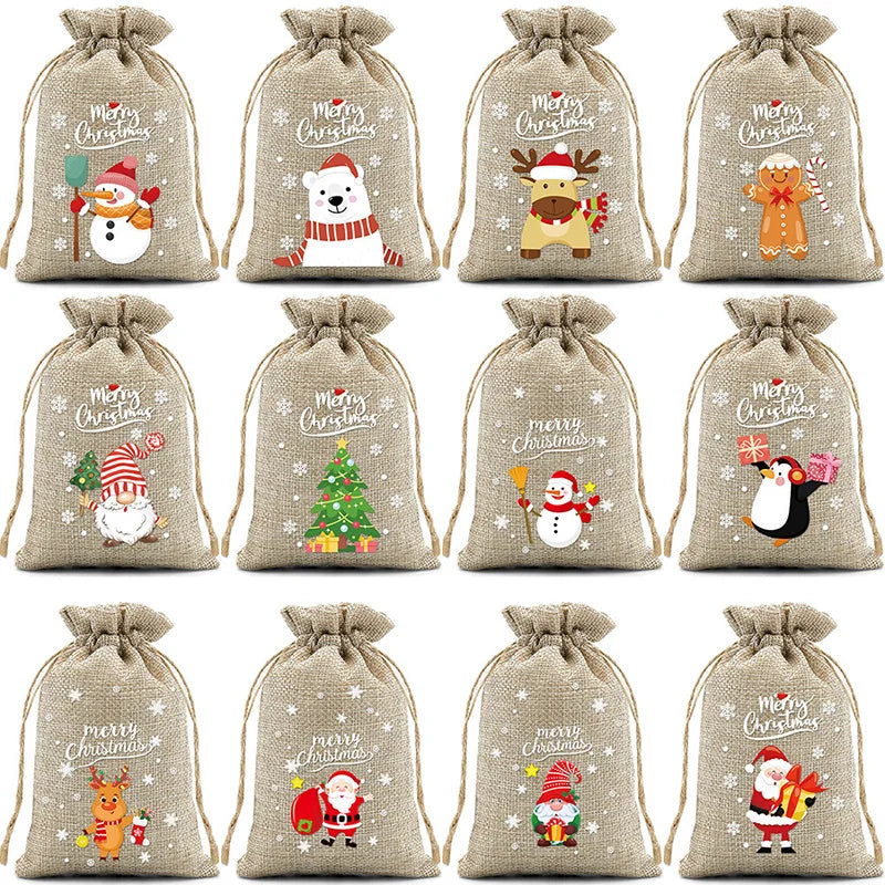 6/12PCS Christmas Linen Drawstring Bags Candy Biscuits Pouchs Burlap Bracelet Jewelry Storage Bags Gift Packaging Bags Peaceful Pleasures Health and Wellness Christmas 12PC 10x14cm