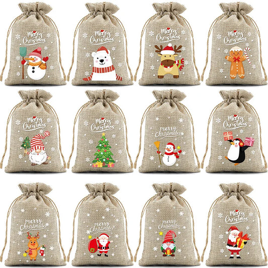 6/12PCS Christmas Linen Drawstring Bags Candy Biscuits Pouchs Burlap Bracelet Jewelry Storage Bags Gift Packaging Bags Peaceful Pleasures Health and Wellness Christmas 12PC 10x14cm