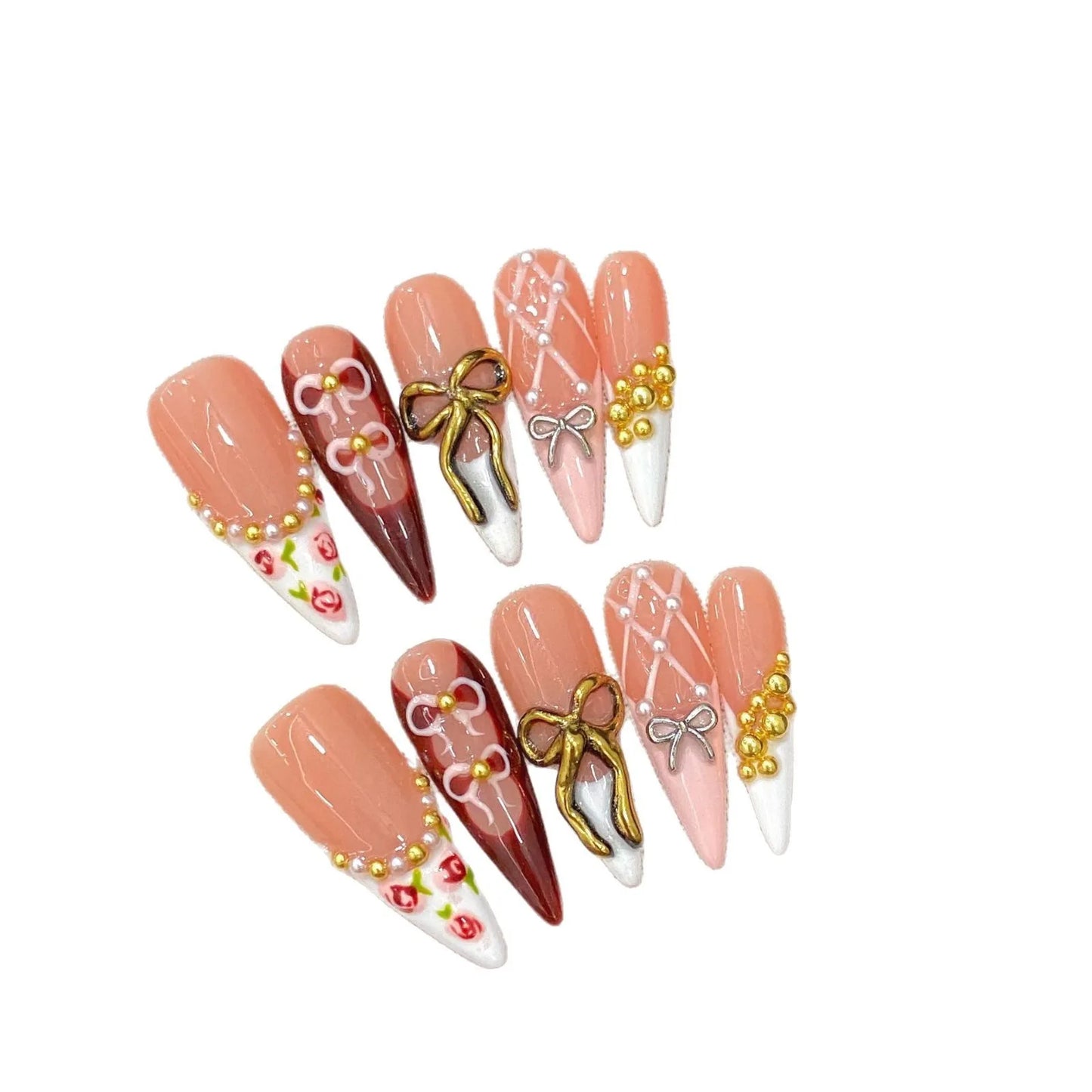 Korean 3D Gold Bow Press On Nails – Long Almond French Tips