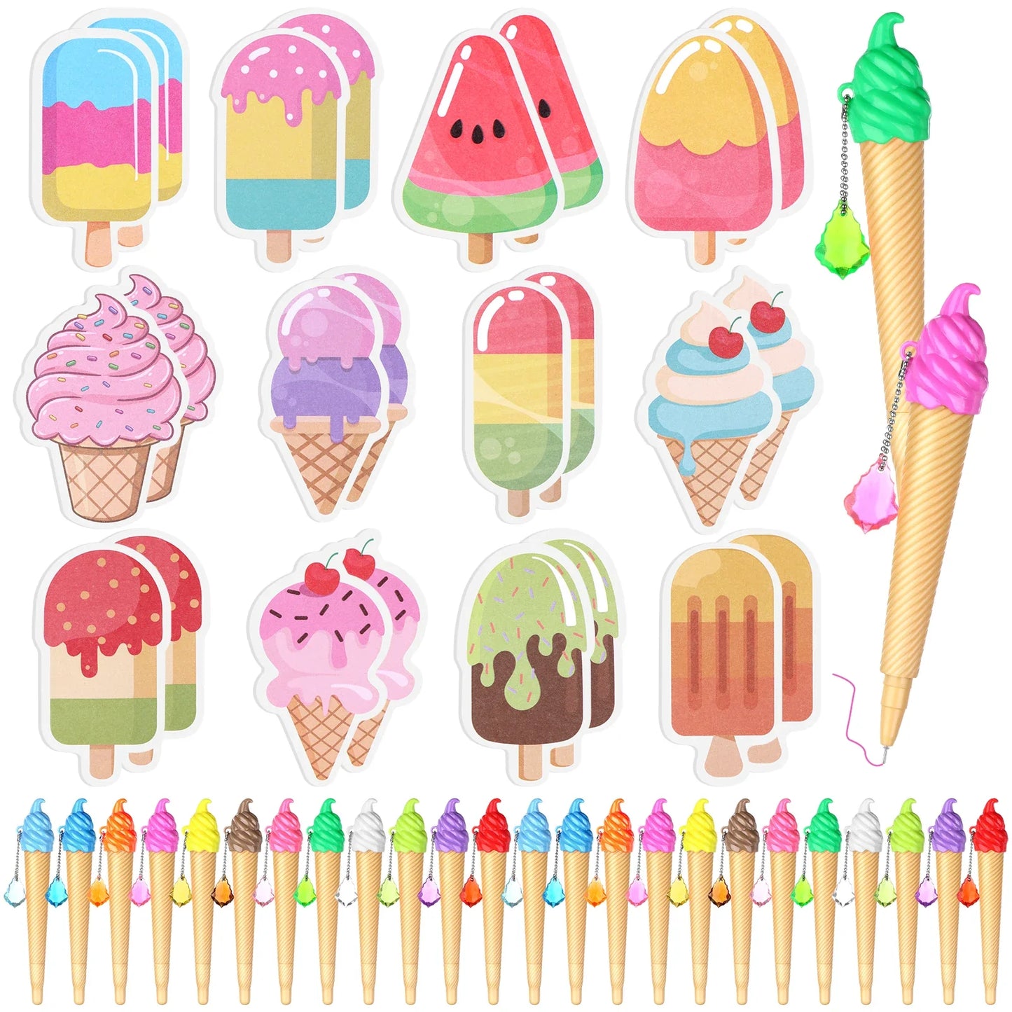 48-Pc Ice Cream Cone Pens & Sticky Notes Party Favor Kit