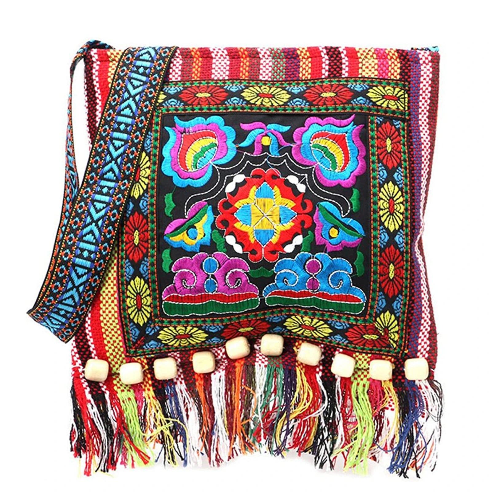 Women's Ethnic Style Embroidered Bag Versatile Tribal Boho Hippie Shoulder Bag Suitable for Birthday Christmas Gifts Peaceful Pleasures Health and Wellness Red L