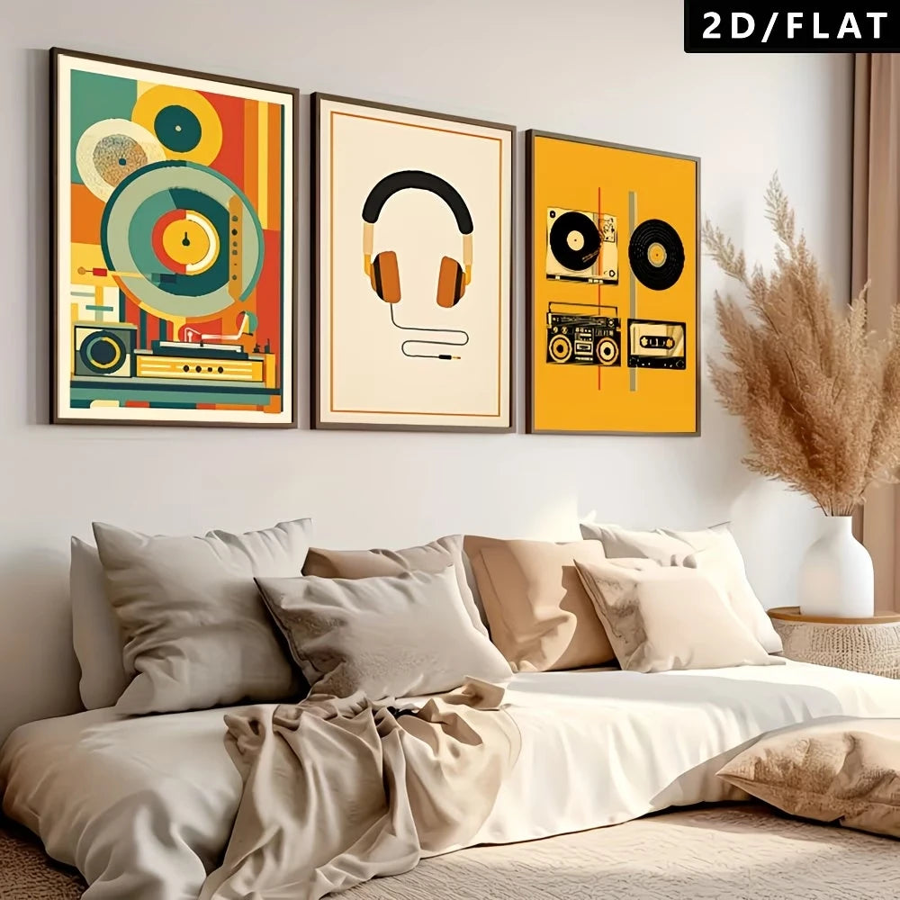 Retro Vinyl Records & Cassette Tapes Canvas Wall Art | 3-Piece Set Canvas Wall Art Peaceful Pleasures Health and Wellness