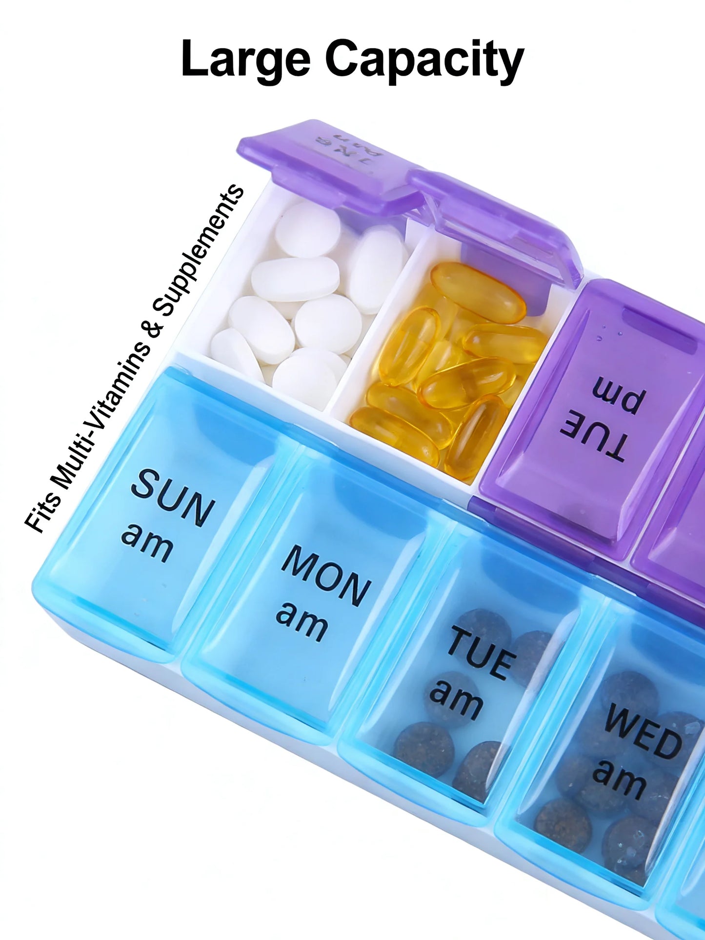 Multivitamin and supplement organizer with labeled compartments for different days of the week.