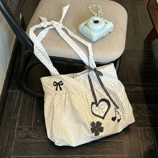 Tote Bag Large Capacity With Polka Dot Heart Print For Commuting And Everyday Use Peaceful Pleasures Health and Wellness