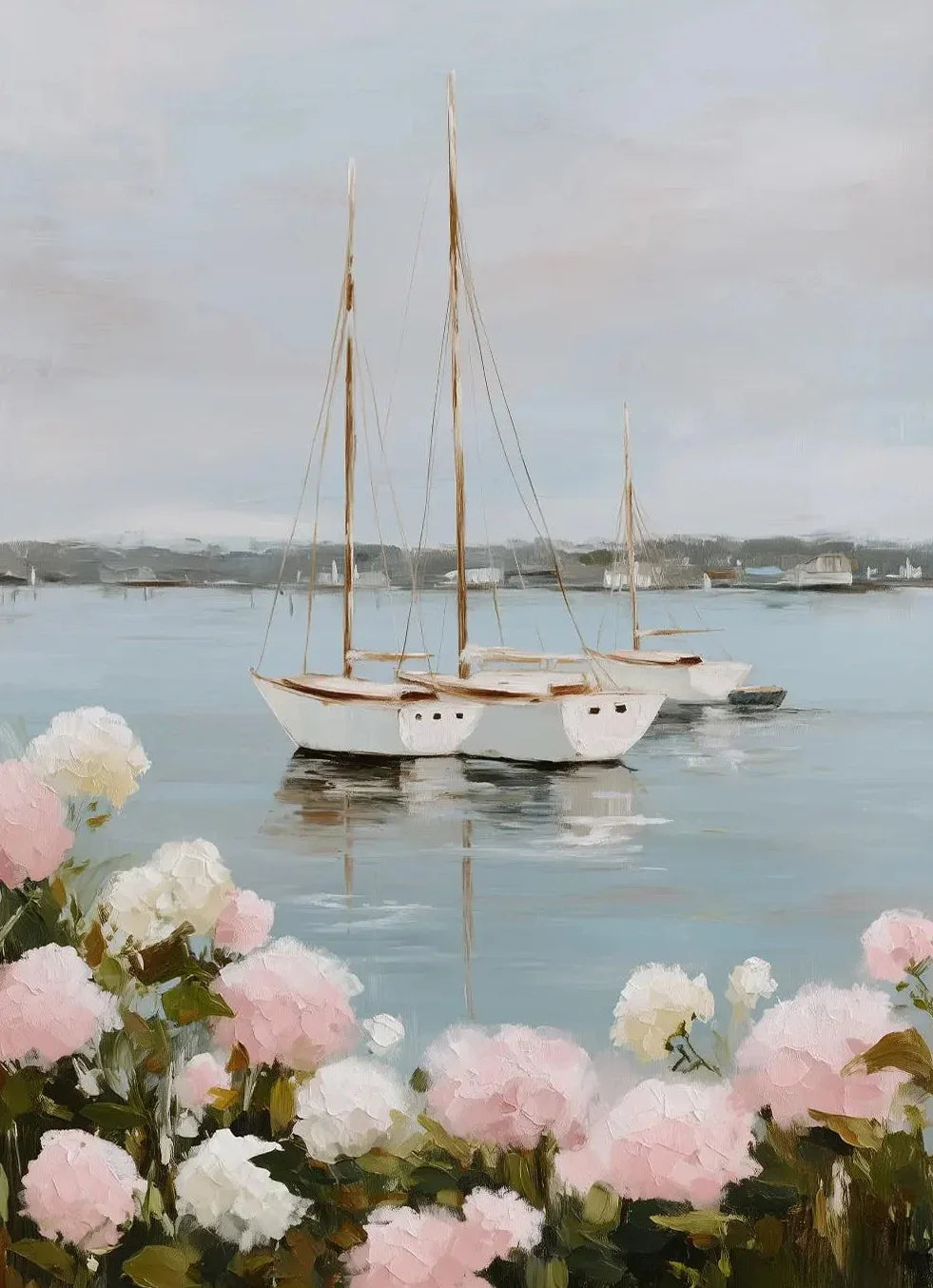 Coastal Sailboats & Hydrangeas Canvas Wall Art | Beach Print Canvas Wall Art Peaceful Pleasures Health and Wellness