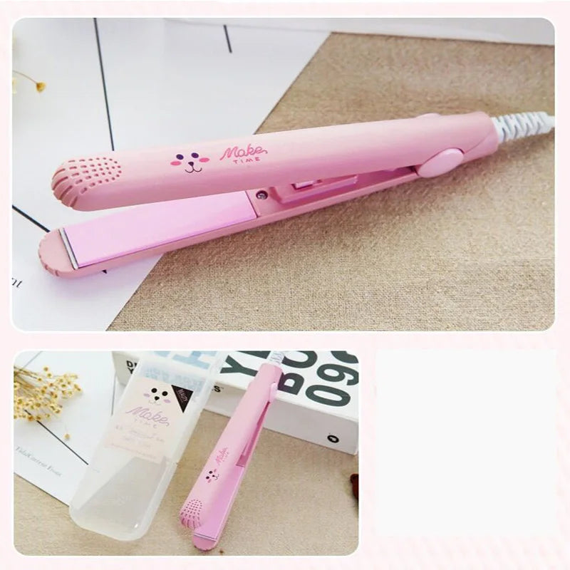 Hair Straightener Flat Iron 2 in 1 Mini Bangs Hair Straightener Beauty Flat Iron Heating Curler Ceramic Tourmaline Plate Peaceful Pleasures Health and Wellness Pink AU