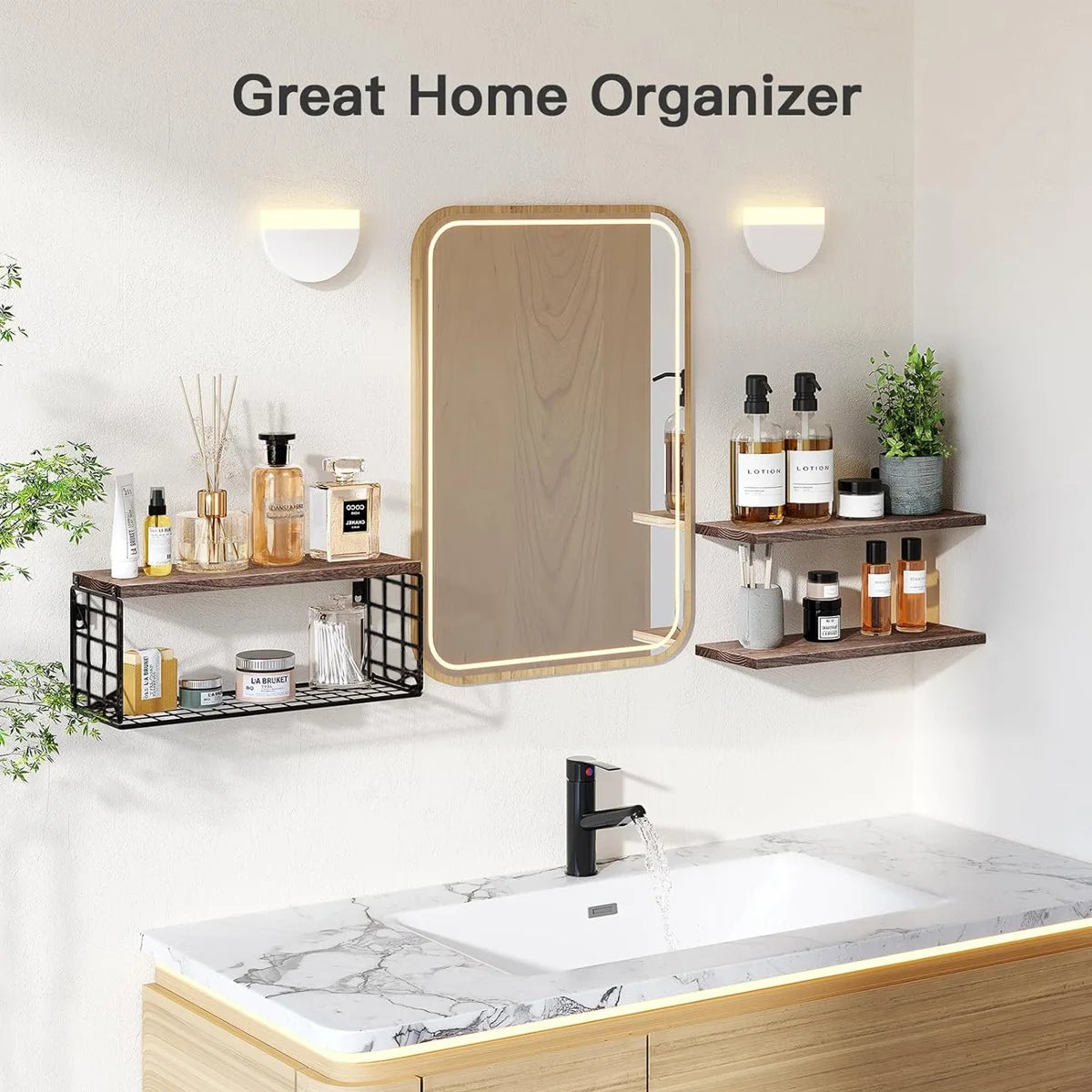 Bathroom Shelves Over Toilet with Storage Basket, Floating Wall Shelf for Home Organization & Wall Decor, Bathroom/Kitchen Peaceful Pleasures Health and Wellness