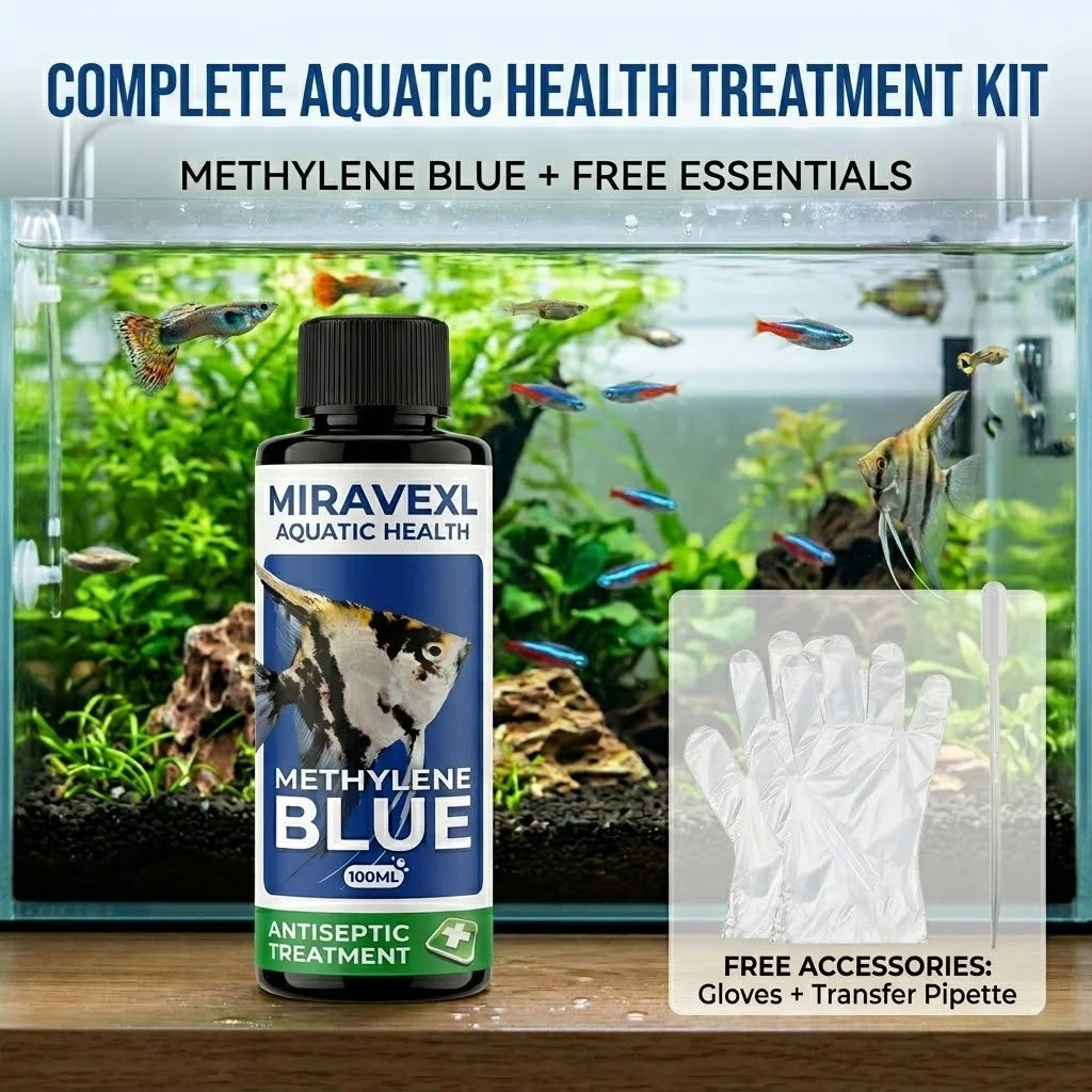 MIRAVEXL 100ml Methylene Blue Aquarium Fish Antiseptic Treatment Fungus Ich Parasite Cure Water Care Drops Pipette Gloves Set Peaceful Pleasures Health and Wellness