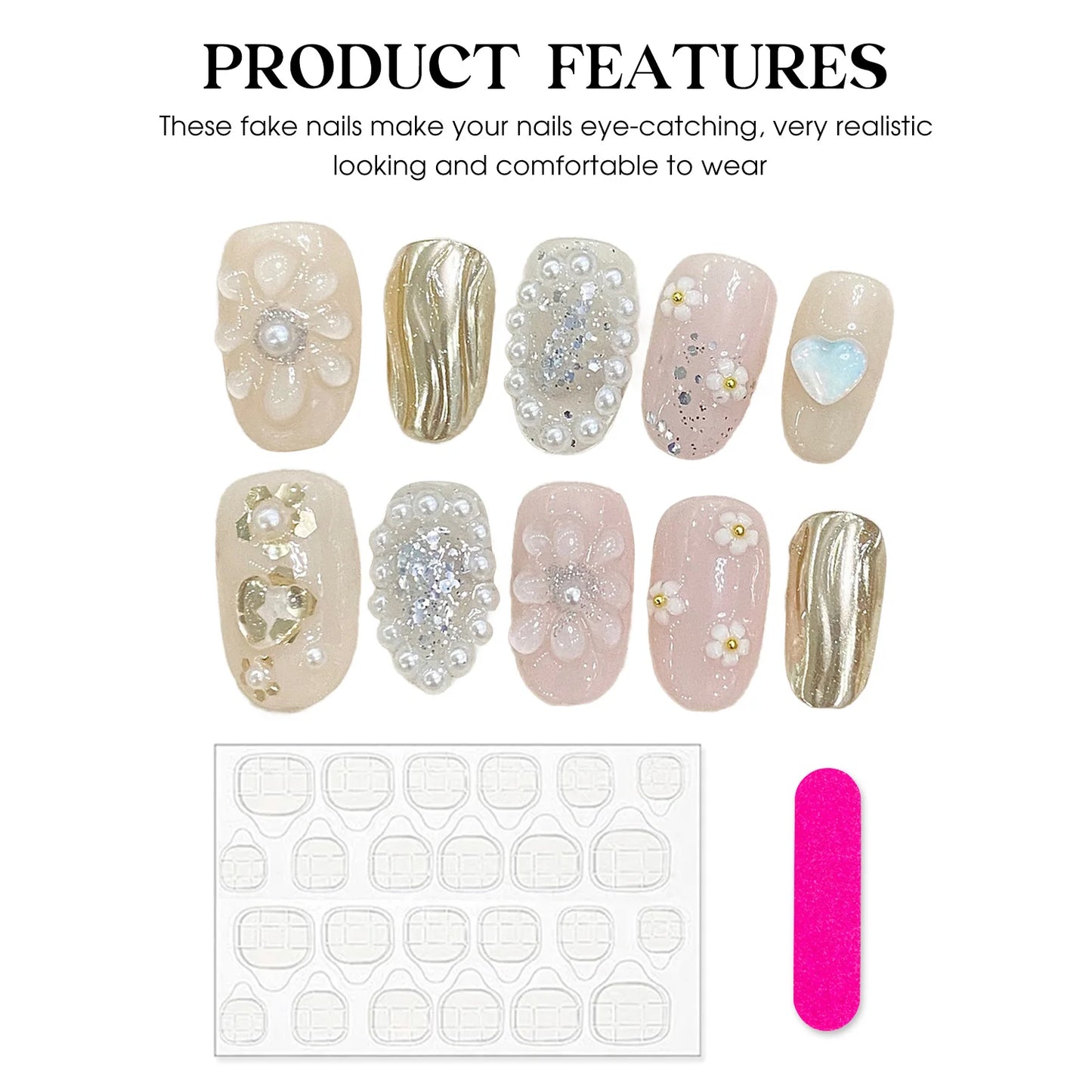 3D Flower Pearl Gold Foil Press On Nails | Short Round Bridal