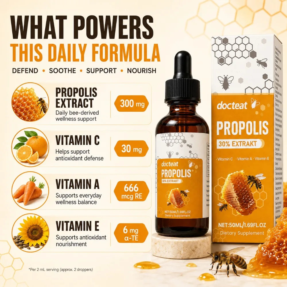 Bee Propolis Liquid Drops 30% Extract Vitamins A C E | 50ml Propolis Supplement Peaceful Pleasures Health and Wellness