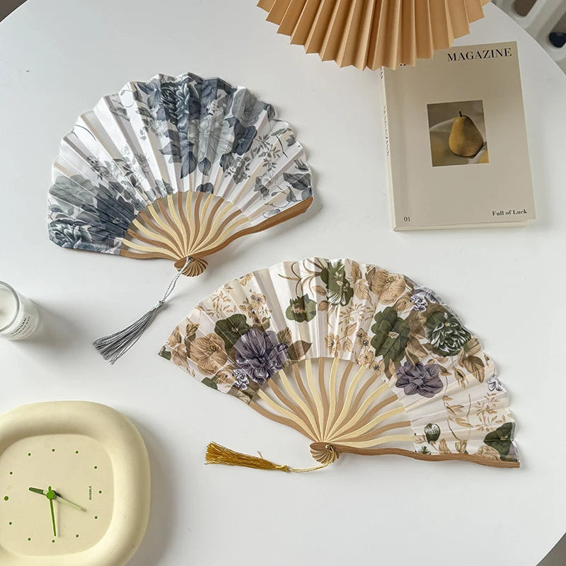 Silk Bamboo Folding Hand Fan – Vintage Floral Wedding & Dance Fan