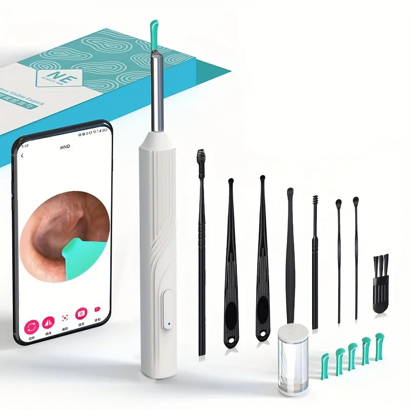 2025 Visual Ear Wax Cleaner with Camera Safe Earwax Removal Endoscope with Camera Luminous Otoscope Ear Cleaning Tools Ear Care Peaceful Pleasures Health and Wellness 8PCS Set White
