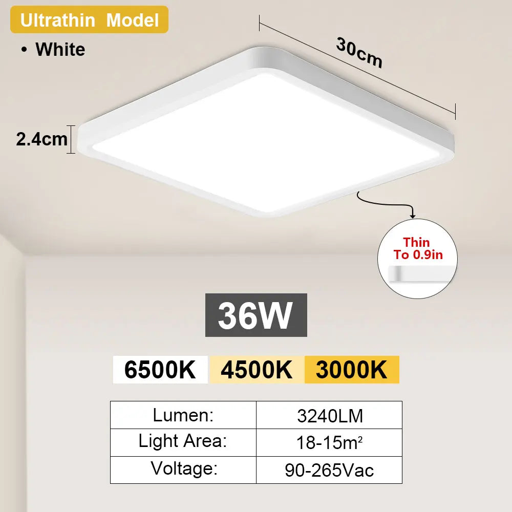 RUNTOIN 24W–36W Square LED Flush Mount Ceiling Light | Modern