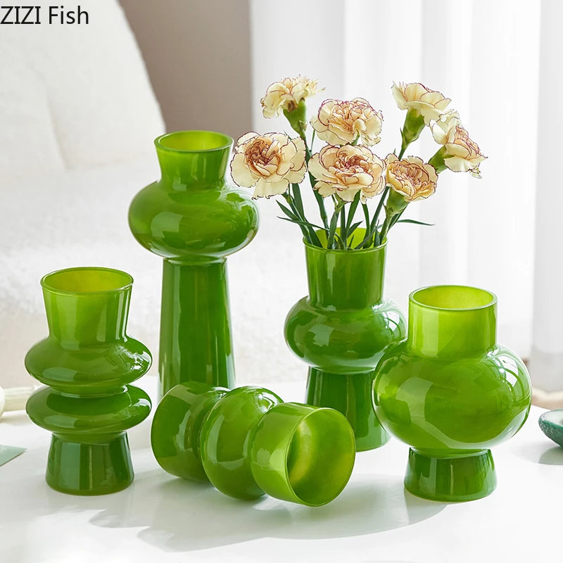 Green Glass Vase | Hydroponics Plant Pot & Floral Decor