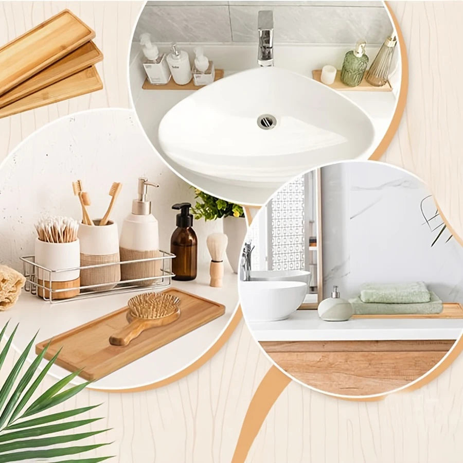Bamboo Wooden Vanity Tray – Decorative Bathroom Countertop & Dresser Organizer (1, 2 or 3 Pack)