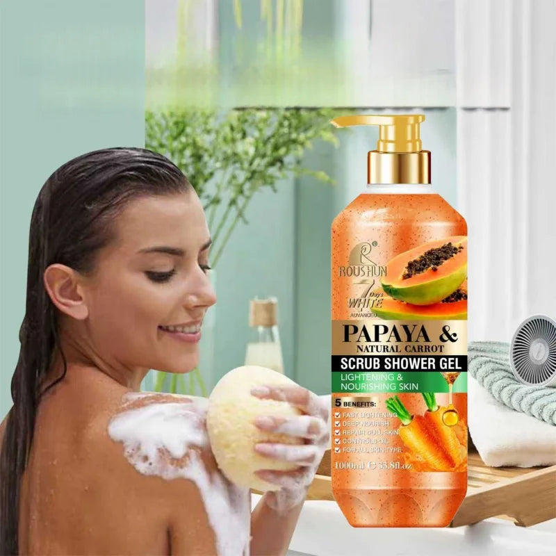 ROUSHUN Papaya Carrot SCRUB SHOWER GEL 1000ML Moisturizing and Moisturizing Skin Fragrance Preserving Large Capacity Shower Gel Peaceful Pleasures Health and Wellness