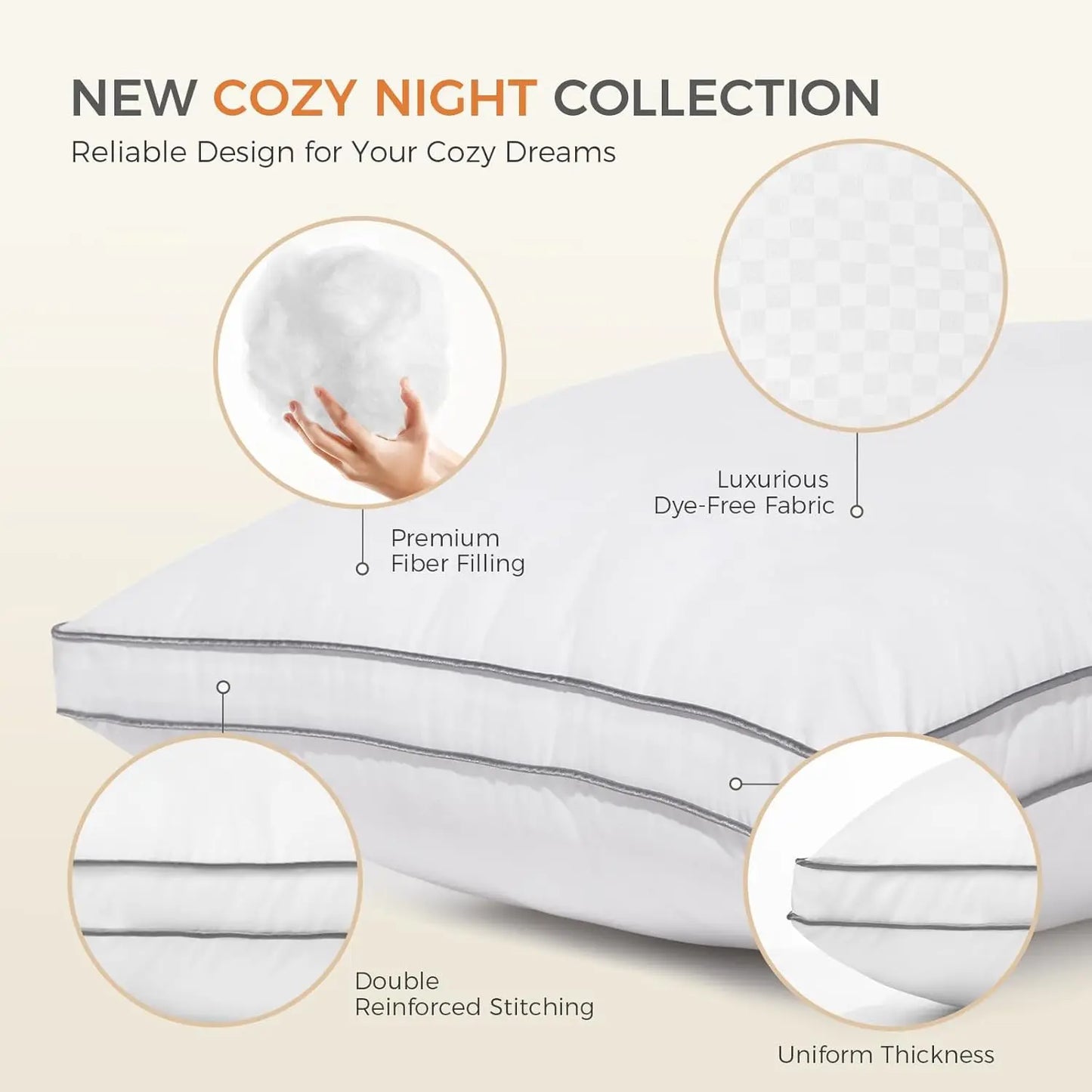 Pillow with features highlighted for the 'New Cozy Night Collection' on a beige background.