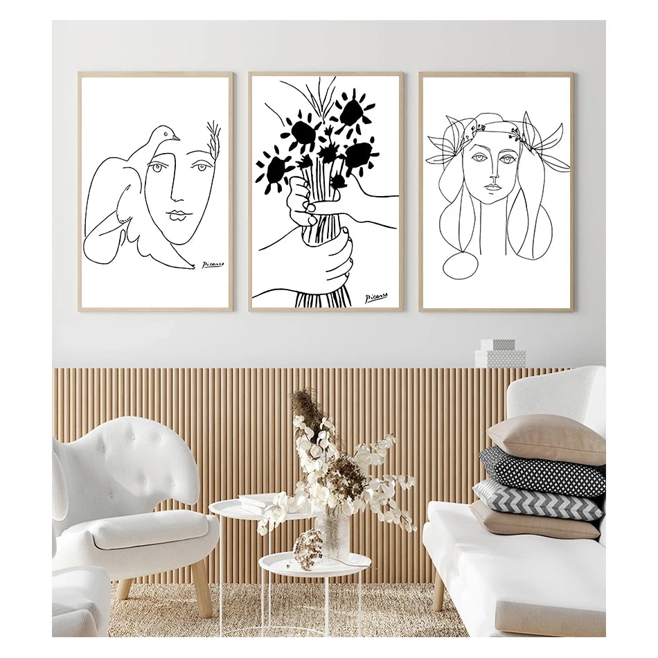 Minimalist Picasso Line Drawing Canvas Print – Woman & Bouquet