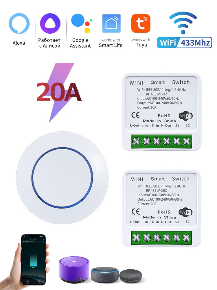 Tuya WiFi Smart Switch 16A 20A RF433MHz Relay Controller