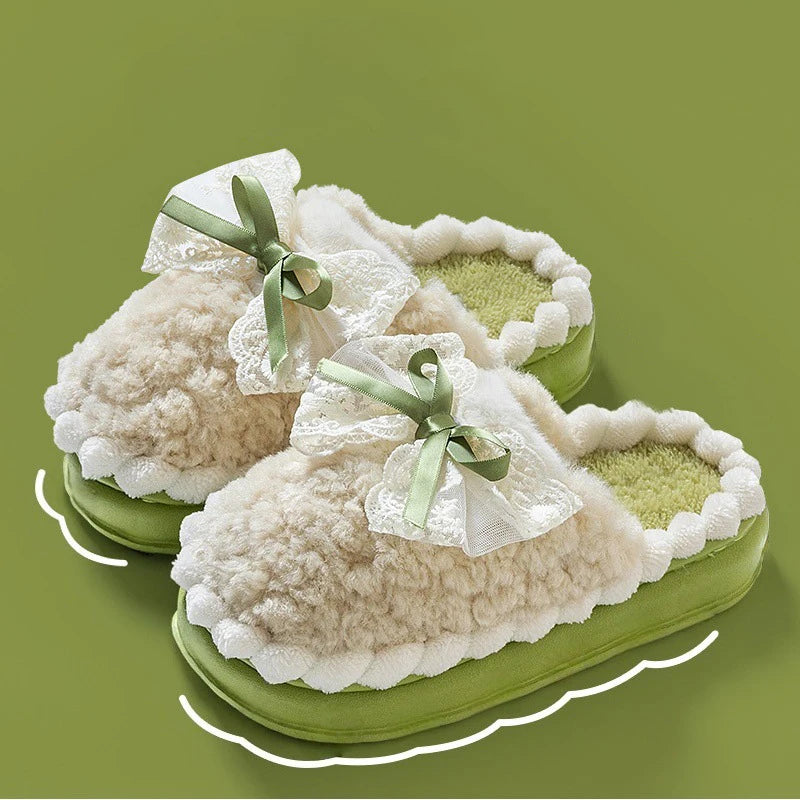 Women's Bow Plush Slippers – Warm Anti-Slip Indoor House Shoes