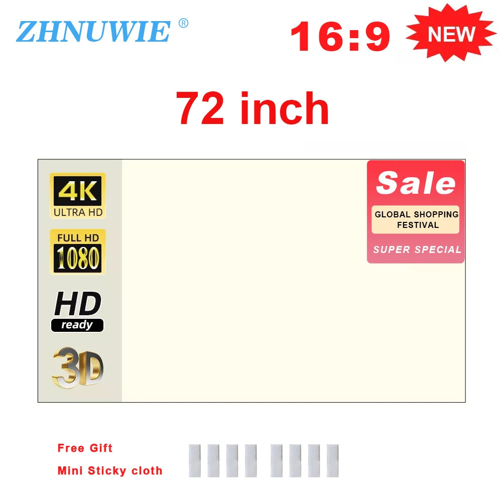 ZHNUWIE Projector Screen White Grid Anti-Light 16:9 Projection Screen For Home 72 84 100 120 133 Inch Portable Reflective Cloth Peaceful Pleasures Health and Wellness 72 inch